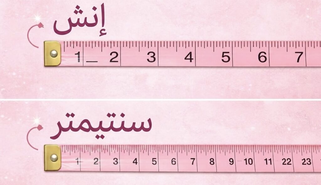 مقارنة بين قياس البوصة والسنتيمتر باستخدام شريط قياس ملابس وردي.