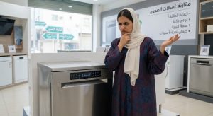 شابة سعودية تقف حائرة في متجر أجهزة منزلية أمام غسالة مواعين للمقارنة بين الماركات والأسعار.