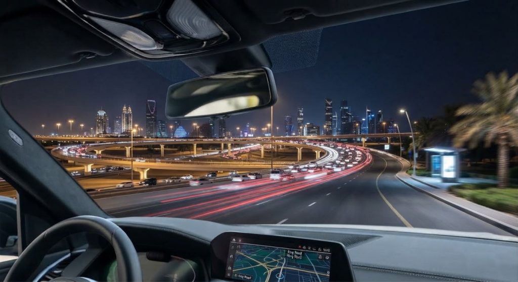 منظر ليلي من داخل سيارة لطريق دائري مزدحم وخطوط إضاءة المركبات وأفق مدينة الرياض أفضل داش كام للسيارة وتصوير ثلاثي خارق!